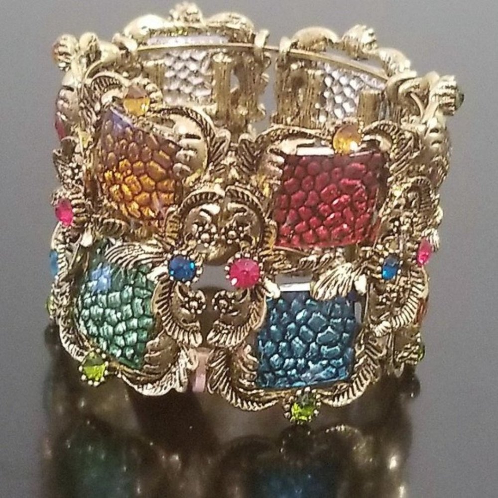 Multi Colored Gem Art Deco Cuff Bracelet